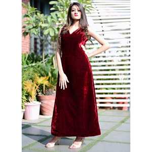 Robe fourreau simple en velours marron col en V, taille XS, taille naturelle, confortable et exclusive - Product Image 4