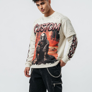T-shirt Y2K personnalisé de qualité supérieure, motif crâne d'astronaute surdimensionné, manches doubles, strass, streetwear, fournisseur de marque privée SHH - Product Image 3