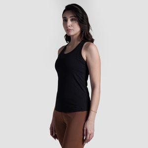 Women's Black Knitted Tank <b>Top</b> Solid Color O-Neck Breathable Stretch Fit Minimalist Style Regular Length - Product Image 3