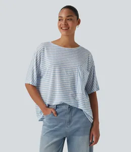 Camiseta de Algodón Sólido Ever Glow para Mujer, Talla Grande, con Bolsillo, Cuello Redondo, Casual, Manga Larga, Ecológica, de Secado Rápido - Product Image 4