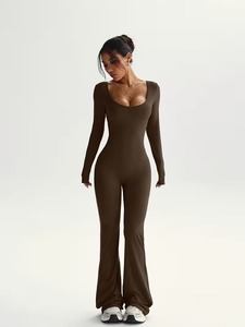 Women's Sculpting Mock-Neck Long Sleeve Jumpsuit | Sleek Flare-Leg <b>Yoga</b> <b>Unitard</b> | Breathable Polyester Spandex Performance Wear - Product Image 4