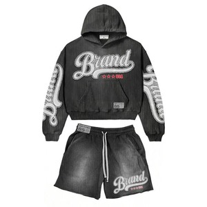 Sudadera con capucha y pantalones cortos con estampado personalizado Sun Fade, estilo moderno con cremallera para uso casual o deportivo, 100% algodón polar, unisex. - Product Image 1