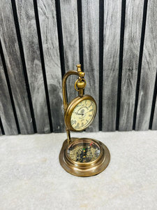 Antique Brass <b>Desk</b> <b>Clock</b> with Compass Vintage Nautical Tabletop Timepiece Retro Office Home Decor - Product Image 2