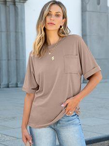Nouveau T-shirt uni de qualité supérieure pour femme, vente en gros, vêtement décontracté d'été avec poche, couleur unie - Product Image 1