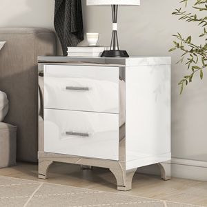 Elegant High Gloss Nightstand with Metal Handle Mirrored <b>Bedside</b> <b>Table</b> with 2 Drawers for Bedroom or Living Room - Product Image 1