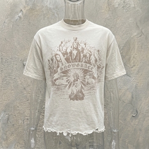 Snowgrace Oversized Men's T-Shirt Short Sleeve Solid Silk Screen Printing High Street 100% Cotton Jersey O-Neck Distressed Hem - Product Image 6