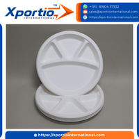 Assiette ronde jetable en bagasse Xportio International, 4 compartiments, résistante aux fuites, biodégradable, certifiée ISO, pour la restauration