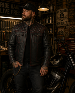 Men's Black Genuine Leather Motorcycle Jacket With Red <b>Stitch</b> Quilted Shoulder Zipper Closure Windproof Biker <b>Coat</b> - Product Image 1