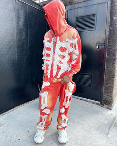 Unisex Distressed <b>Skeleton</b> Patch Hoodie Sweatpants Set Oversized Zip Up Hooded Tracksuit Streetwear Two Piece Outfit - Product Image 4