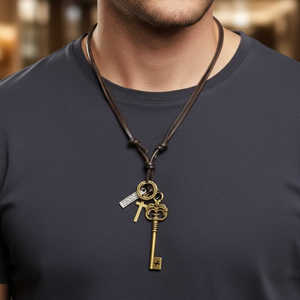 Fashion Pendant 2.5-Inch Pure Stainless Steel Key Charm with Adjustable Leather Rope for Men & Boys - Product Image 1