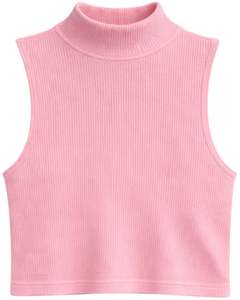 Top corto sin mangas de cuello alto acanalado rosa personalizado, ajustado, elástico, informal para mujer, chaleco básico de moda de verano - Product Image 1