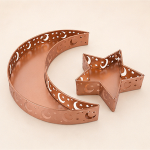 Wholesale Rose <b>Gold</b> Metal Ramadan <b>Tray</b> Set Hollow Out Moon Star Shaped Eid Mubarak <b>Serving</b> Plate Modern Islamic Iftar Party - Product Image 3