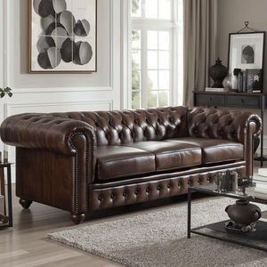 Traditional Brown Leather Chesterfield Loveseat with Rolled Arms Deep Tufted <b>Sofa</b> for Living Room Office Hotel Furniture - Product Image 1