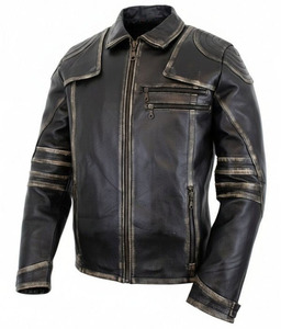 Blouson moto en cuir noir à prix réduit pour homme, style vintage roadster, avec épaulettes renforcées et multiples poches zippées - Product Image 2
