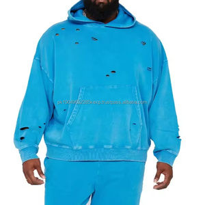 Sweat à capuche surdimensionné personnalisé 420gsm noir délavé pull à capuche bord brut uni bleu grande taille sweats à capuche - Product Image 2
