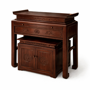 L'autel en acajou comprend une petite armoire avec des sculptures simples de fleurs de lotus. - Product Image 3