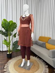 Layered Indian Pakistani Clothing Set Sheer Long Sleeve <b>Top</b> Solid Tunic <b>Net</b> Unstitched Outfit for Festival Wear - Product Image 4