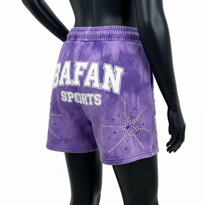 Shorts de Felpa de Algodón de 300 GSM, Lavado Ácido, Color Morado, Estilo Retro, con Pedrería, Logotipo Personalizado, para Mujer - Product Image 6