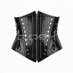 Corsé de PVC negro con estampado de cocodrilo, con varillas de acero, cierre frontal y correas con anillas en O. - Product Image 5