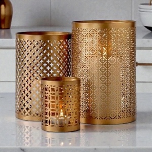 Golden Geometric Metal <b>Lantern</b> Set With Die Cut Pattern For Home Decoration Heat Resistant <b>Brass</b> Candle Holders - Product Image 2