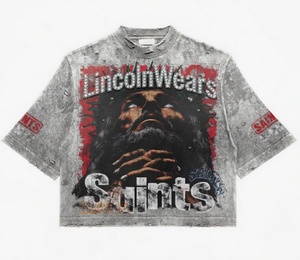 T-shirt Streetwear USA à manches courtes, délavé, orné de strass, effet vieilli, uni, vintage, coupe oversize, en coton tricoté premium et écologique - Product Image 1