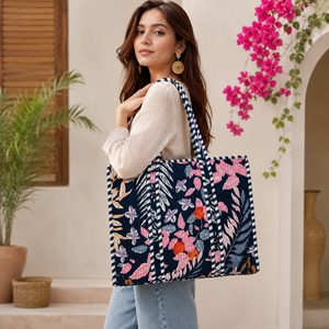 Premium Quilted Cotton Tote <b>Bag</b> with Floral Tropical Print Reusable Travel Shopping Beach Handbag Lightweight Stylish Spacious - Product Image 2