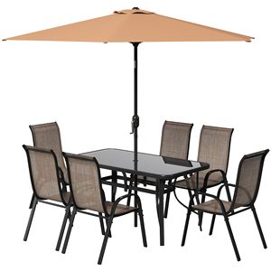 Set di Mobili da Esterno in Marrone Chiaro a 8 Pezzi con Ombrellone da 2,7 m, Tavolo e Sedie da Pranzo per Ospedali e Impianti Sportivi - Product Image 1