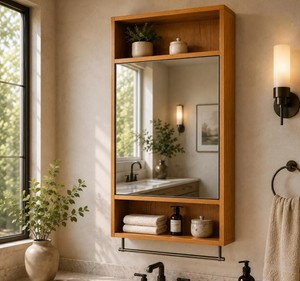 Mueble de Baño de Madera para Montar en la Pared con Puerta con Espejo, 2 Estantes y 2 Estantes Abiertos, Diseño Tropical - Product Image 3