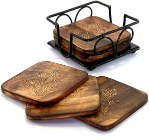 Hand Carved Tree of Life Design Coasters Set 100% Natural Wooden Coaster With Metal Holder Hot Selling <b>Wood</b> <b>Placemats</b> for Drinks - Product Image 4