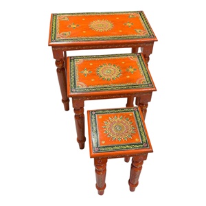 Handmade Durable Multi-Functional Wooden <b>Nesting</b> <b>Tables</b> Set 3 Rectangle Bohemian Style Side Accent <b>Tables</b> Floral Pattern Decor - Product Image 6