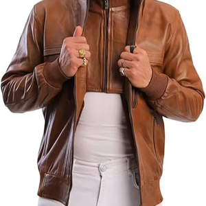 Chaqueta de Cuero Genuino Marrón Personalizada de Alta Calidad al por Mayor para Hombre, Chaqueta de Invierno con Logotipo Personalizado OEM a la Moda - Product Image 3