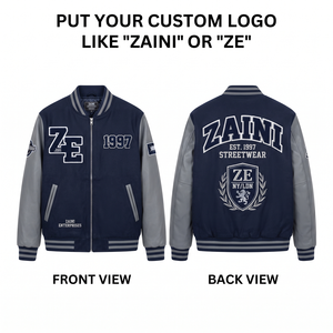 Veste varsity ZAINI Premium 500 GSM en mélange de laine coupe-vent à col montant, style urbain, bleu marine et gris avec empiècements contrastants et bordure en tricot côtelé sur le devant - Product Image 1