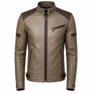 Blouson de motard en cuir véritable pour homme, couleur taupe kaki, avec logo personnalisé, épaules matelassées marron, style vintage, coupe ajustée, fabricant - Product Image 1