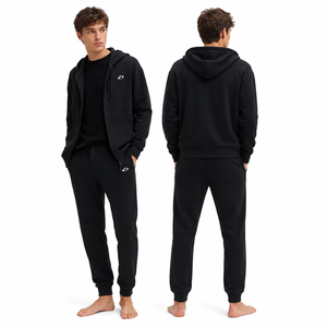 Conjunto de dos piezas de sudadera con capucha y cremallera para hombre, chándal de invierno, logotipo personalizado, algodón negro, forro polar, sudadera con capucha de cremallera completa, jogger, pedidos al por mayor ODM - Product Image 1