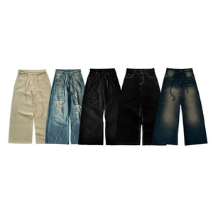 Wholesale Custom Straight Baggy Men's Hip Hop Jeans Solid Blank Streetwear Button Washed Distressed Organic Cotton Autumn Summer - Product Image 6