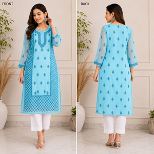 Elegante Kurti Indio de Georgette con Bordado Chikankari - Vestido Étnico Largo Azul Cielo con Bordado Floral para Mujer - Product Image 2