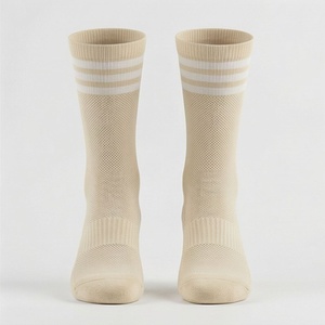 Crew <b>Socks</b> Beige Striped Knitted Breathable Cotton Adult Summer Casual Daily Use - Product Image 1