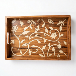Bandeja de Servir Rectangular de Madera Papdi Hecha a Mano, Duradera, con Incrustaciones de Hueso y Arte Floral, Asas Integradas, No Tóxica - Product Image 3