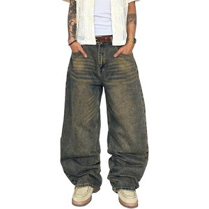 Men Relaxed Fit Wide Leg Denim Jeans Washed Black Baggy Casual Streetwear <b>Pants</b> Wholesale - Product Image 1