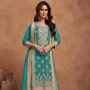 Embroidered Silk Semi-Stitched Women's Modern Midi Salwar Kameez for Wedding Diwali & Prom - Product Image 1
