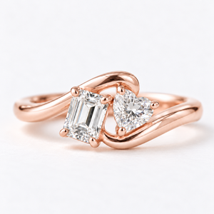 Anillo de compromiso Toi et Moi de moda con diamante de laboratorio de corte esmeralda y corazón de 0.85CT EF VVS, anillo curvo de dos piedras en oro macizo de 14K - Product Image 1