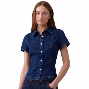 Chemise en jean boutonnée pour femme, manches courtes, coupe décontractée, couleur unie, tissu en jean, à porter toute l'année - Product Image 1