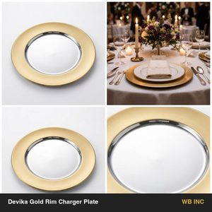 Assiette de présentation artisanale en acier inoxydable 304 de 33 cm avec large bande dorée PVD couleur or champagne, bordure dorée Devika, en PS, pour décoration intérieure, hôtels et mariages - Product Image 6