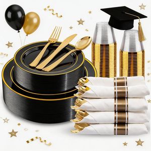 Ensemble de vaisselle jetable noir et or de 175 pièces pour 25 invités, kits de fournitures pour fêtes de remise de diplômes, assiettes jetables pour mariage - Product Image 1
