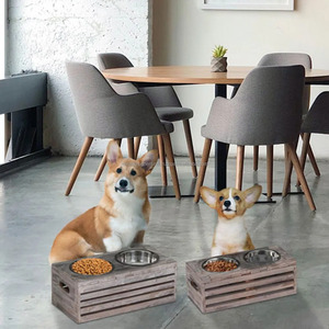 ลังไม้แบบเผาอาหารสุนัขสองชั้นชามป้อนอาหารสัตว์เลี้ยงทำจากเหล็กชามไม้สำหรับสุนัขและแมว - Product Image 6