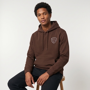 Men's Brown <b>Hooded</b> <b>Fleece</b> Sweatshirt With Front Pocket And Logo Print Casual Wear Autumn Style Regular Fit - Product Image 5