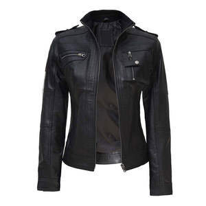 Women's 100% High Quality Sheep Skin Leather <b>Quilted</b> Jacket Printed Knitted Breathable Fabric Winter Season Stylish Design - Product Image 2