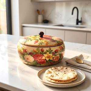 Recipiente Redondo de Madera Hecho a Mano para Alimentos con Tapa Esmaltada con Diseño, Contenedor para Guardar Pan Chapati y Roti, Organizador de Cocina - Product Image 3