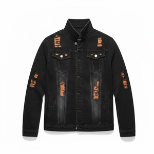 Veste en jean noire personnalisée de haute qualité avec logo, pour homme, déchirée, effet vieilli, style vintage, streetwear, motard, 100% coton - Product Image 1