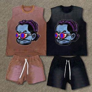 Conjunto de pantalones cortos de verano con estampado DTG personalizado, estilo vintage, lavado a la piedra, efecto desgastado por el sol, conjunto de 2 piezas, camiseta y pantalones cortos para hombre. - Product Image 2